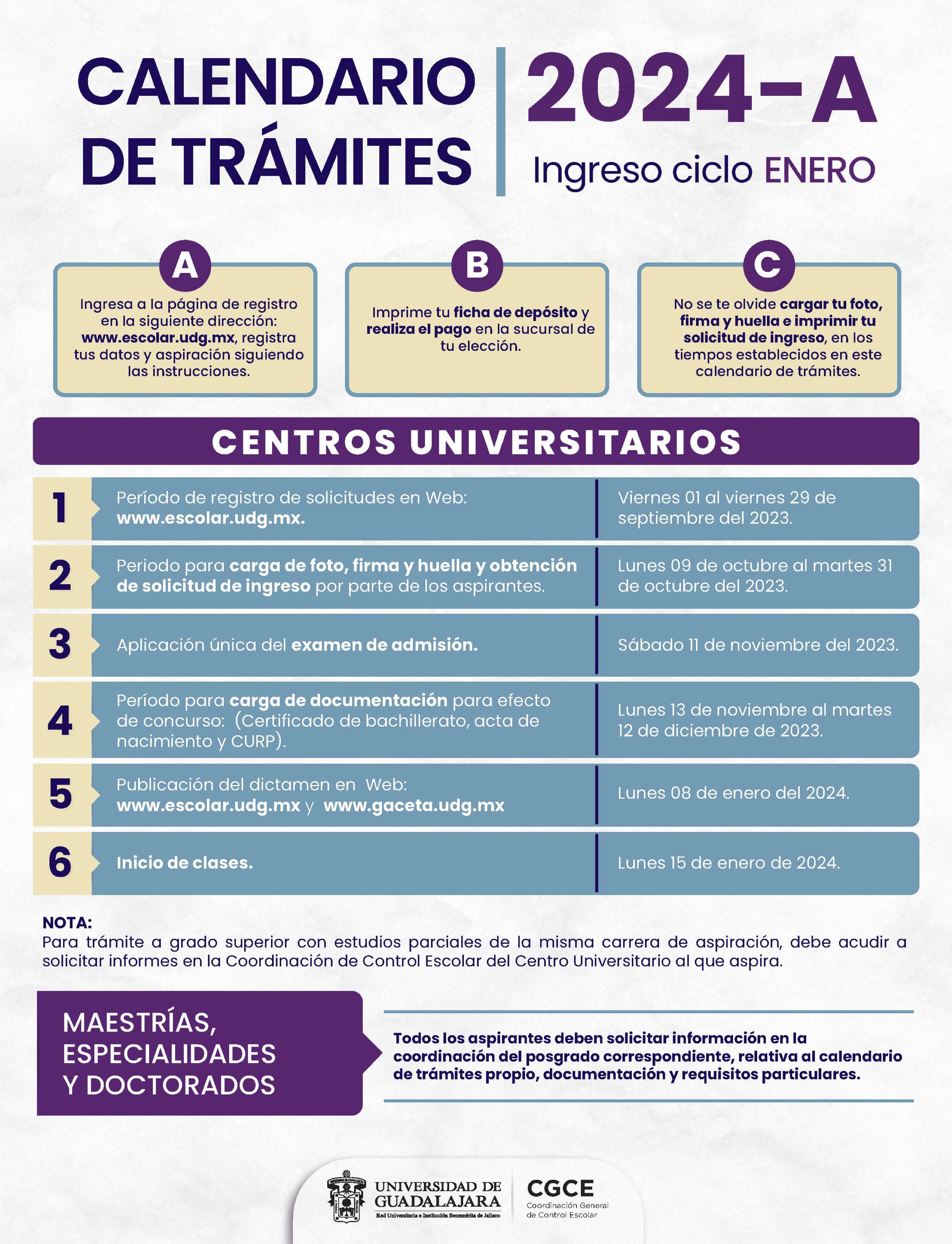 Calendario de Trámites 2024A CENTRO UNIVERSITARIO DE CIENCIAS