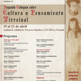 División de Estudios Históricos y Humanos, División de Estudios de la Cultura, Departamentos de Filosofía y Letras, así como el Doctorado en Humanidades del CUCSH, invitan al Segundo Coloquio sobre Cultura y Pensamiento Virreinal. 19 al 21 abril de 2023. 09:00 a 13:00 horas y de 16:00 a 19:30 horas. Auditorio Adalberto Navarro Sánchez del CUCSH Campus La Normal. Informes en: coloquio.cultura.virreinal@gmail.com #ComunidadCUCSH